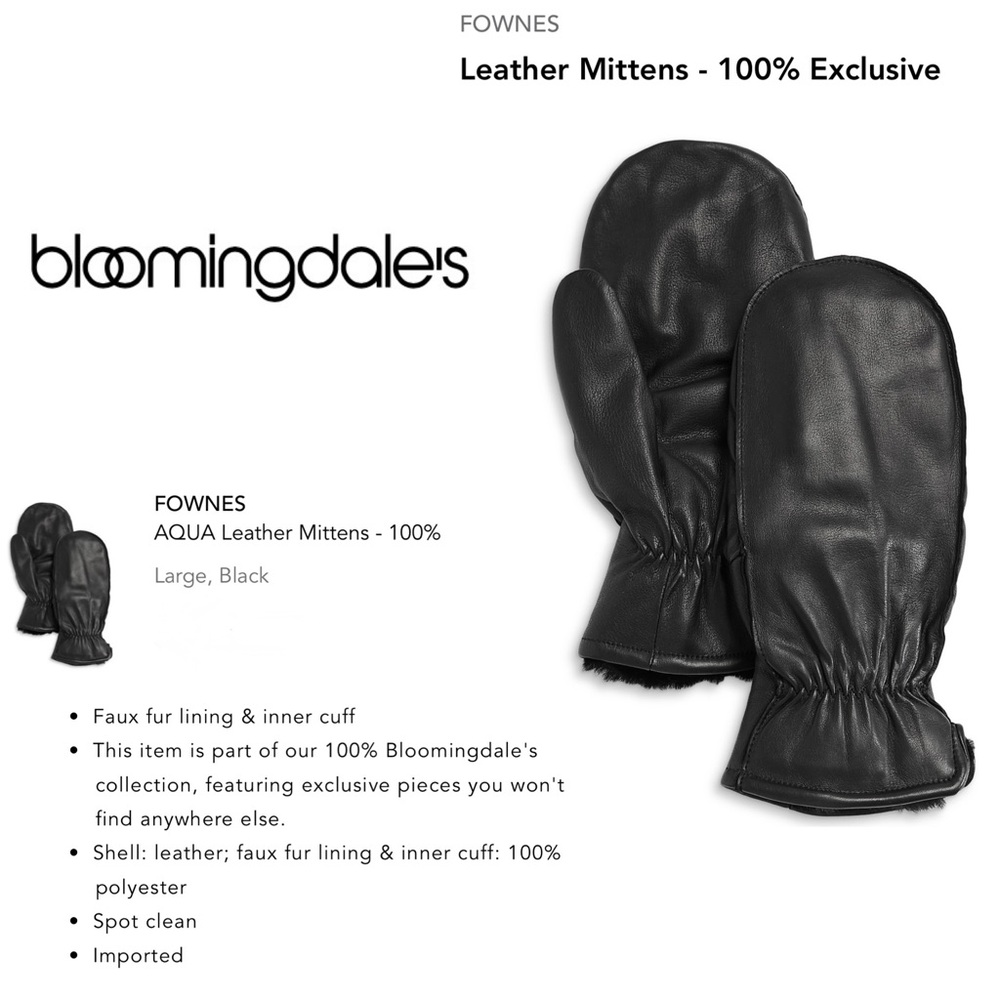 NWT Bloomingdale's Fownes AQUA Black Leather Mittens Faux Fur Lining Large